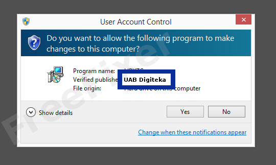 Screenshot where UAB Digiteka appears as the verified publisher in the UAC dialog